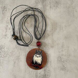 Hand Crafted Owl Pendant Natural Round Shell Black Cord Necklace Adjustable